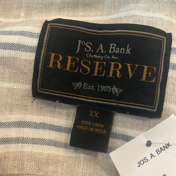 Jos A Bank Reserve LINEN Short Sleeve Button Up Shirt 2X NWT Blue Beige Stripe - Picture 7 of 13